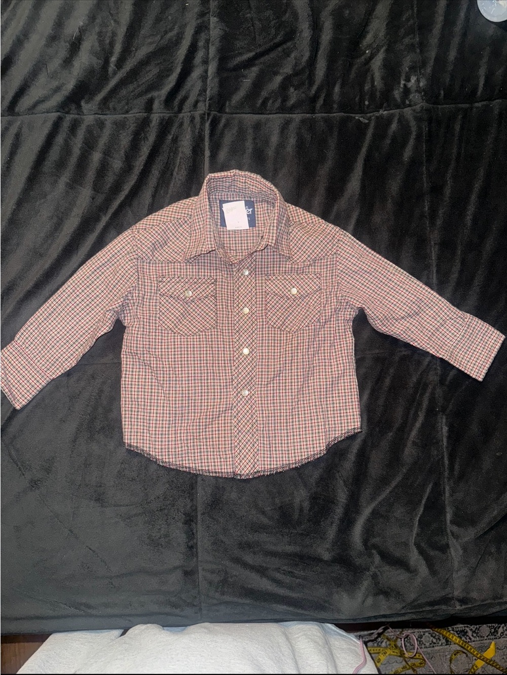 Wrangler Boys XXS 0-2 Western Plaid Pearl Snap Shirt Red Black Cowboy